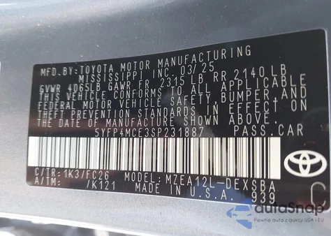 2025 Toyota Corolla Se из США, поврежденный, VIN 5YFP4MCE3SP231887